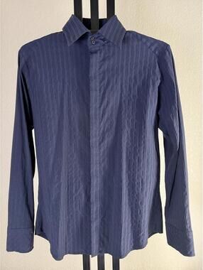 7 Diamonds Mens L Black Tonal Pintuck Stripe Stretch Long Sleeve Button Shirt